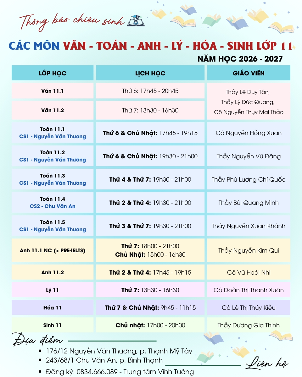 Lớp 11 - Văn Toán Anh Lý Hóa Sinh
