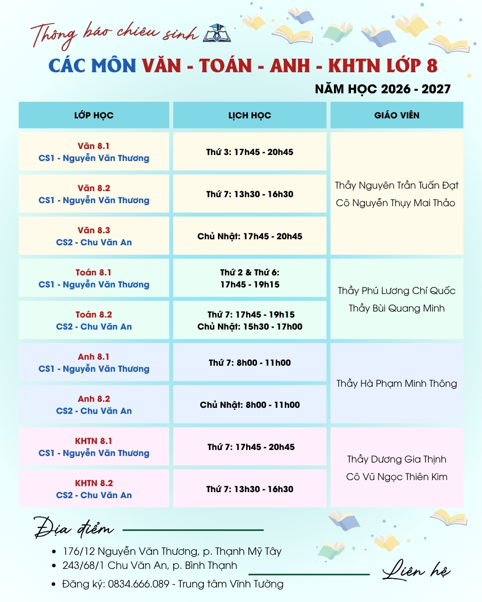 Lớp 8 - Văn Toán Anh KHTN