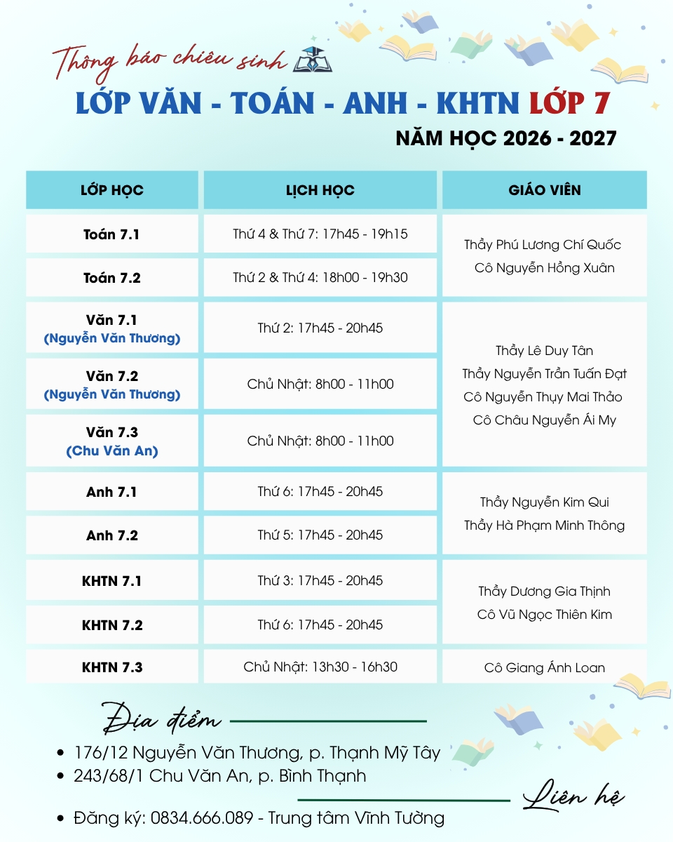 Lớp 7 - Văn Toán Anh KHTN_